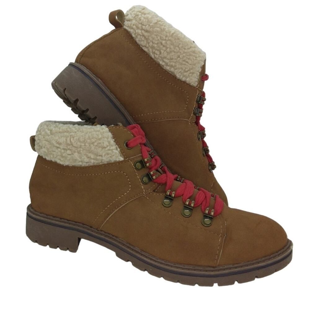 Time & Tru Womens Pre-owned Lace Up, Memory Foam, Faux Leather Tan Boots- sz. 9